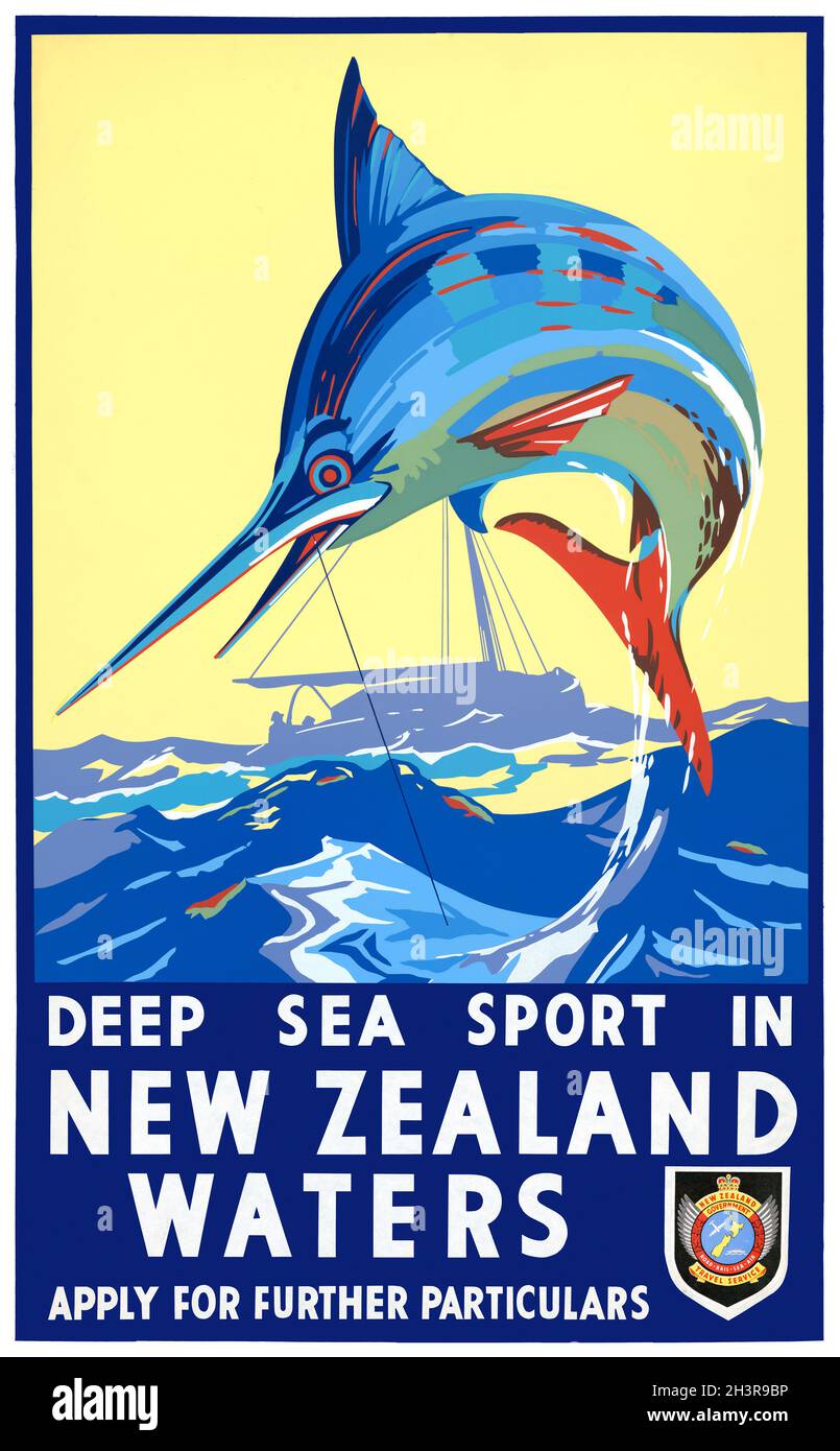 Deep sea sport in New Zealand waters by Leonard Cornwall Mitchell (1901-1971). Restored vintage poster published in the 1930s in New Zealand. Stock Photo