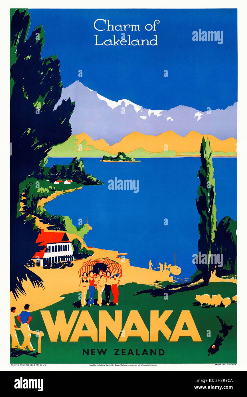 Charm of Lakeland. Wanaka, New Zealand. Artist unknown. Restored vintage poster published in the 1930s in New Zealand. Stock Photo