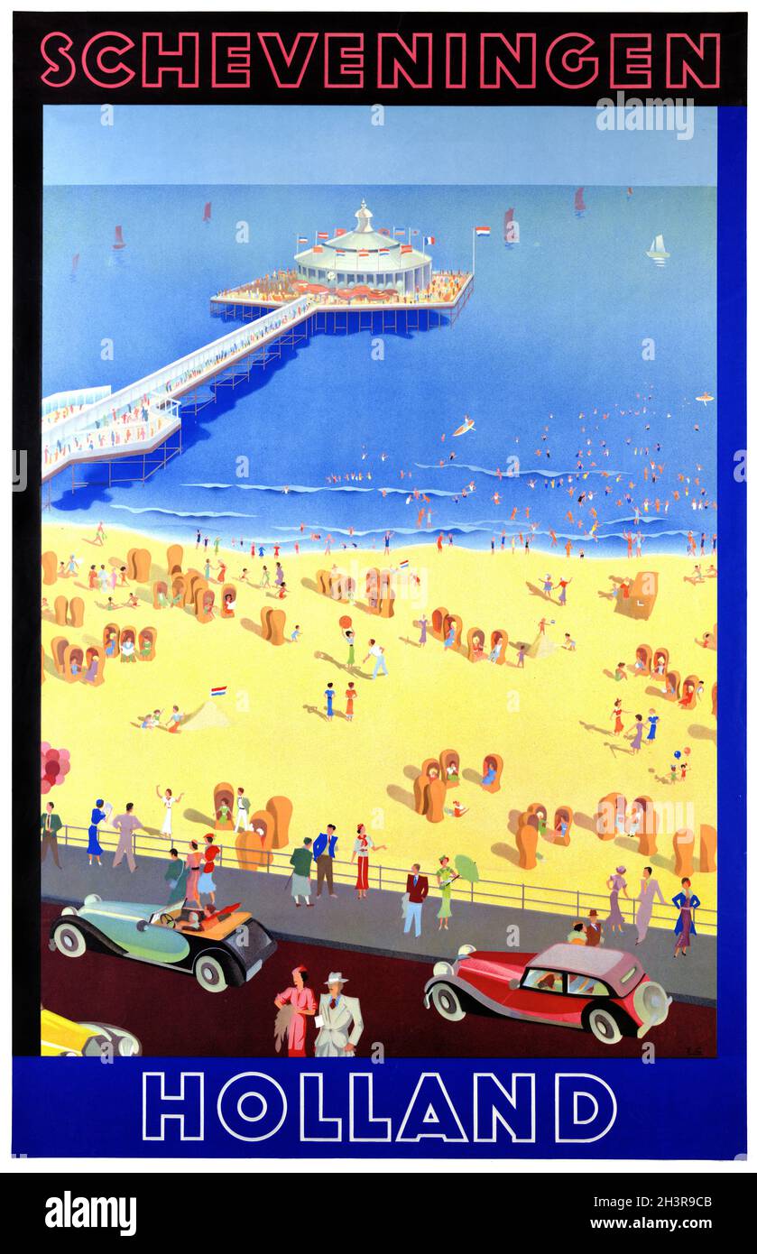 Scheveningen. Holland by Emmanuel Gaillard (1902-?). Restored vintage poster published in 1938 in the Netherlands. Stock Photo