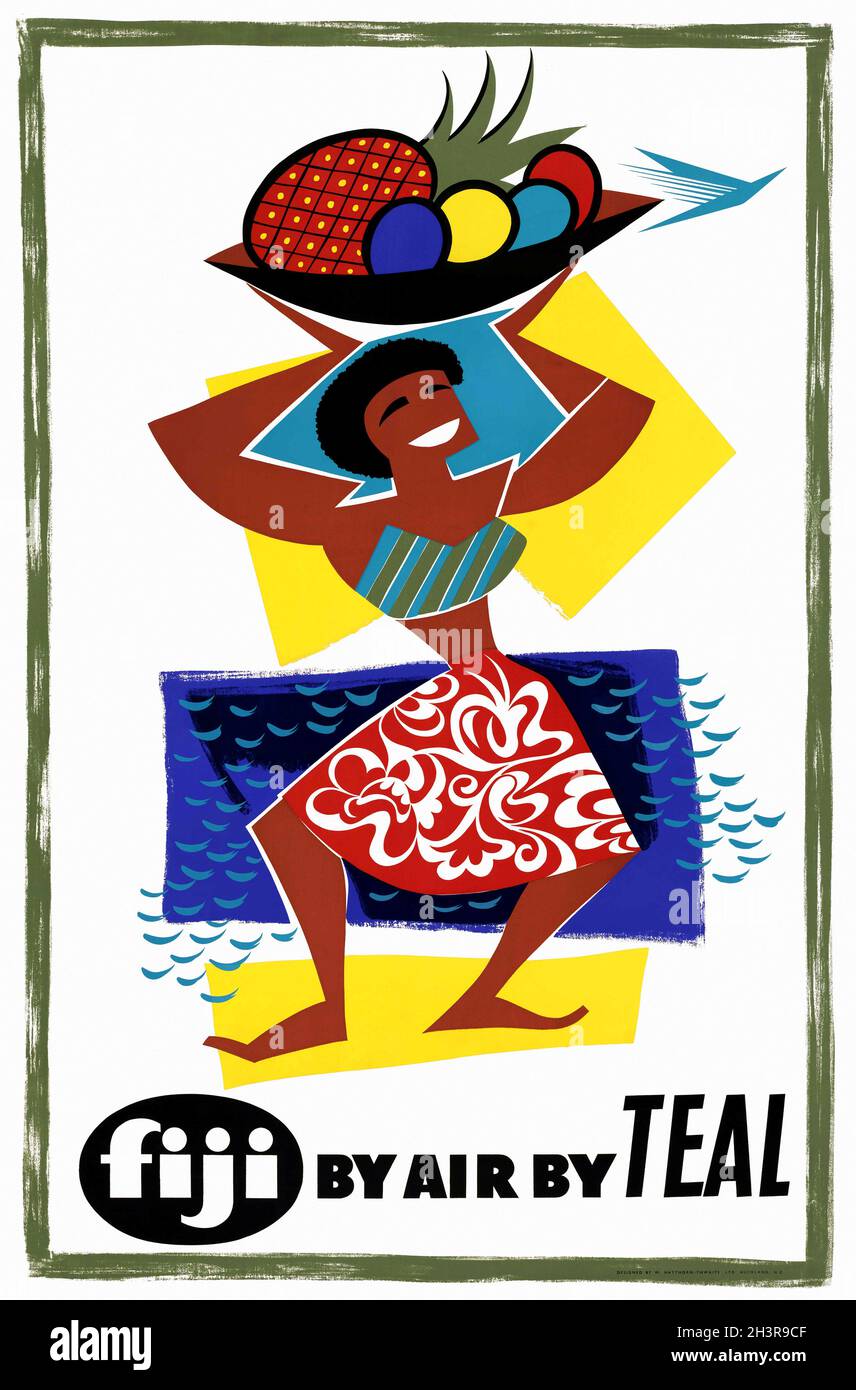 Fiji By Air By Teal by Arthur Thompson (1915-1997). Restored vintage poster published in 1955 in New Zealand. Stock Photo