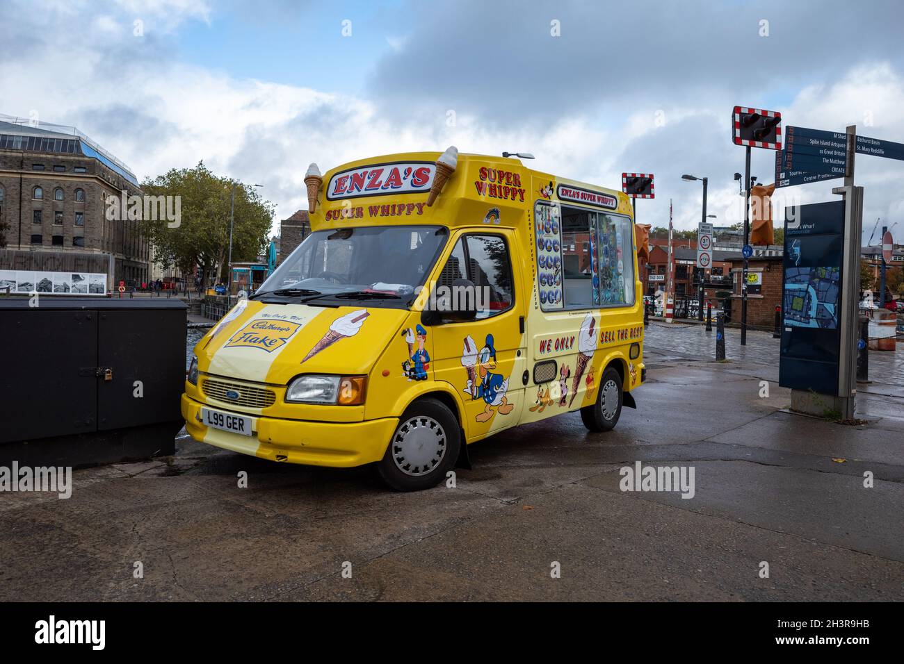 Ice cream van waiting for customer on a wet morning outside the Bristol  M-Shed Museum Stock Photo - Alamy