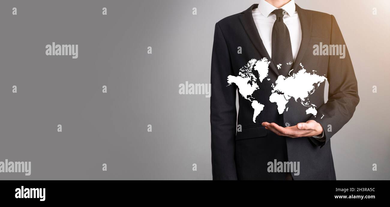 Holding a glowing earth globe social network in the hands of ...