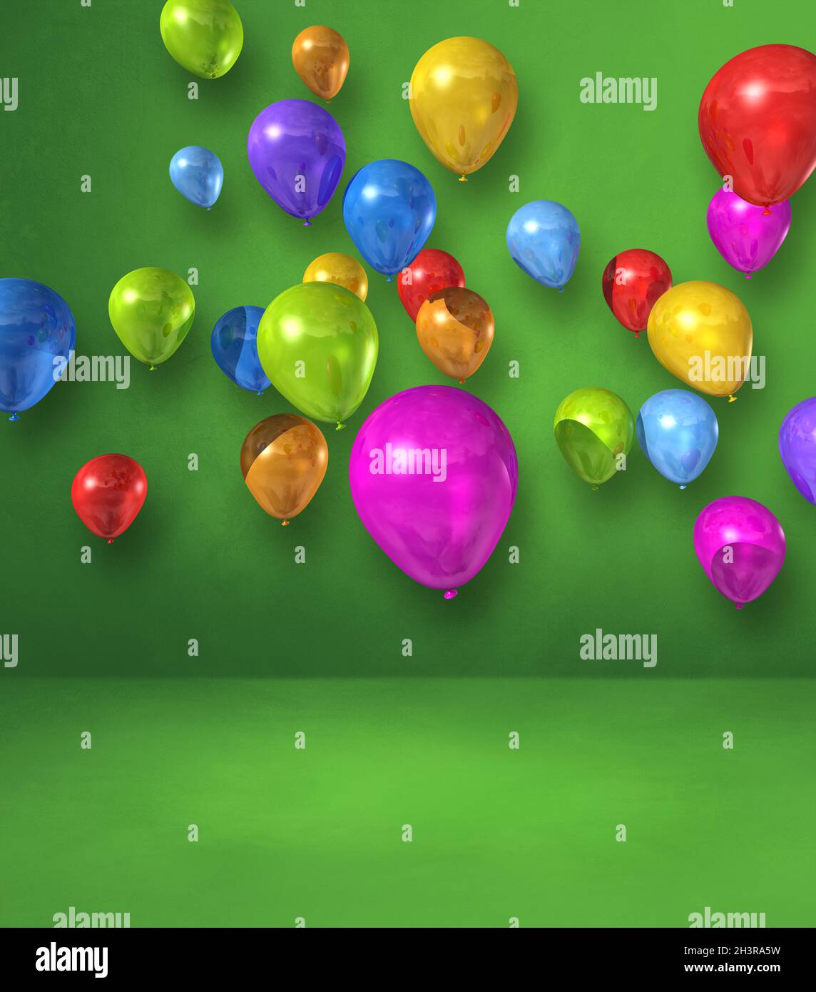 Colorful balloons group on a green wall background Stock Photo - Alamy