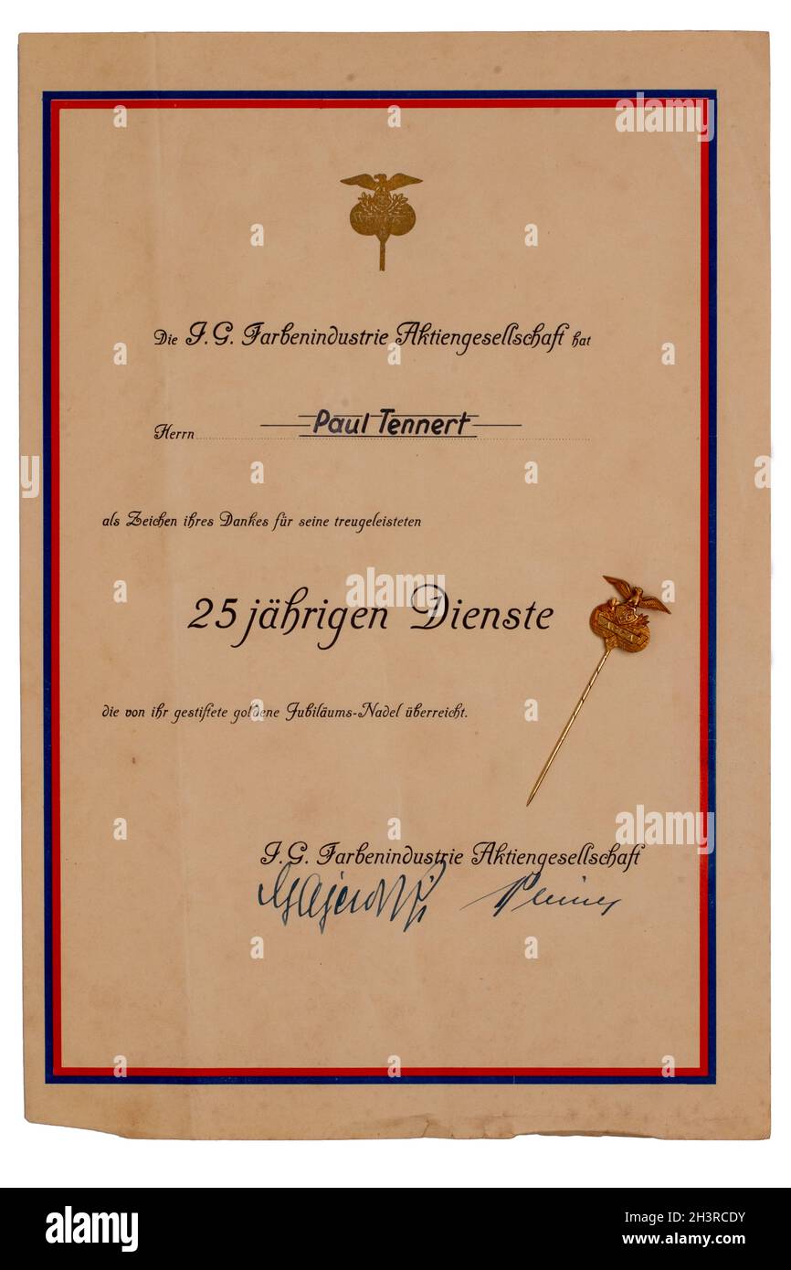 Unique specimen of Certificate from 1940. I.G. Farbenindustrie Aktiengesellschaft (AGFA) presented Mr. Paul Tennert with its golden jubilee pin as a t Stock Photo