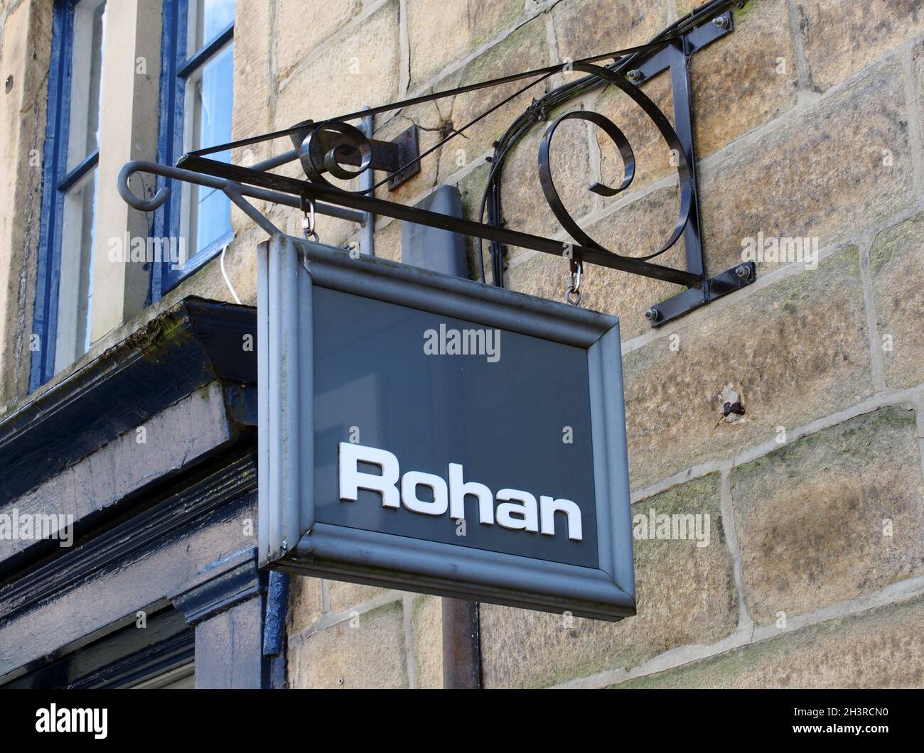 Sign above a rohan outdoor clothing store in hebden bridge Stock Photo