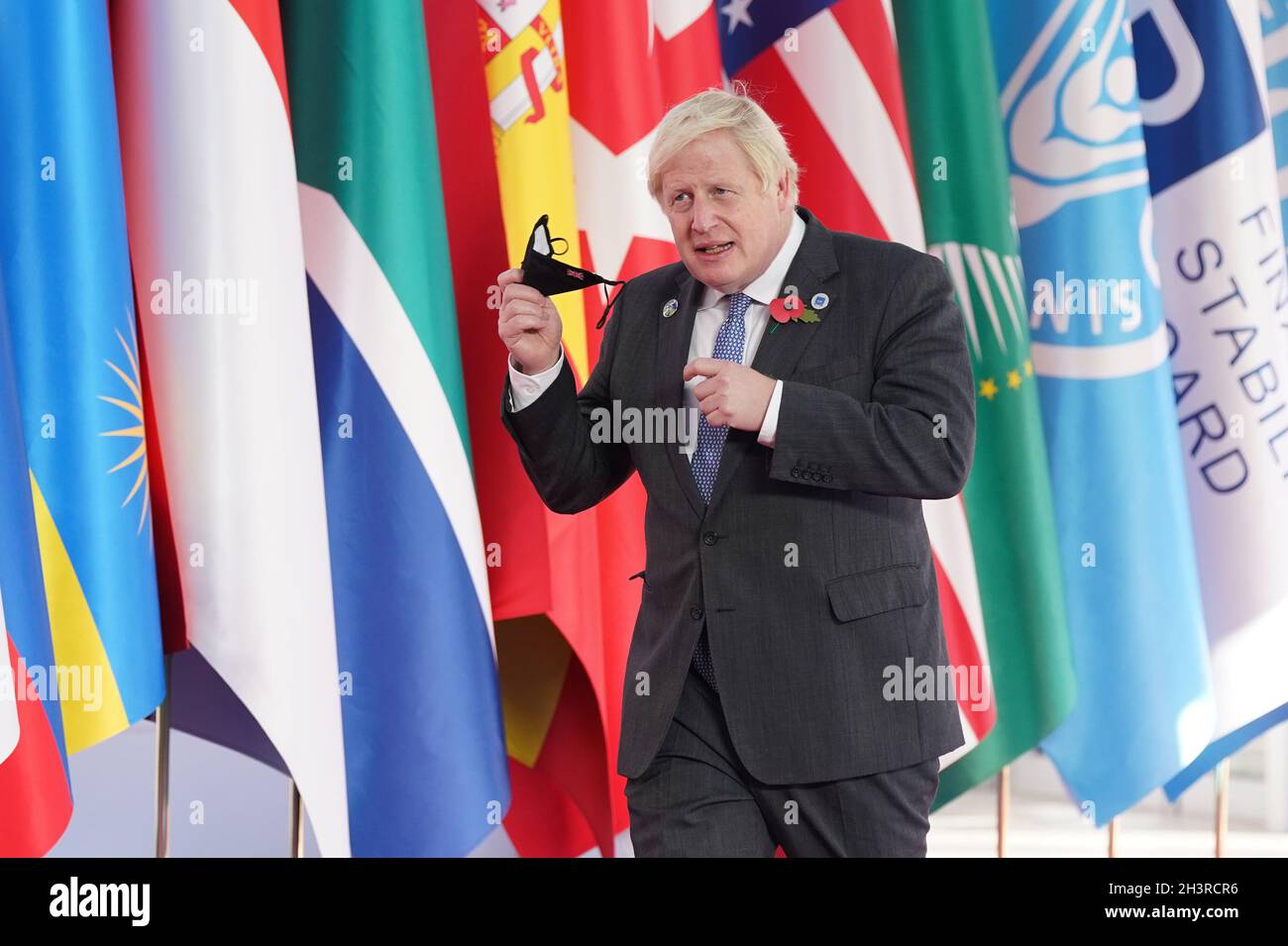Prime Minister Boris Johnson arrives to be welcomed by Italian Prime Minister Mario Draghi to the G20 summit in Rome, Italy. Picture date: Saturday October 30, 2021. Stock Photo