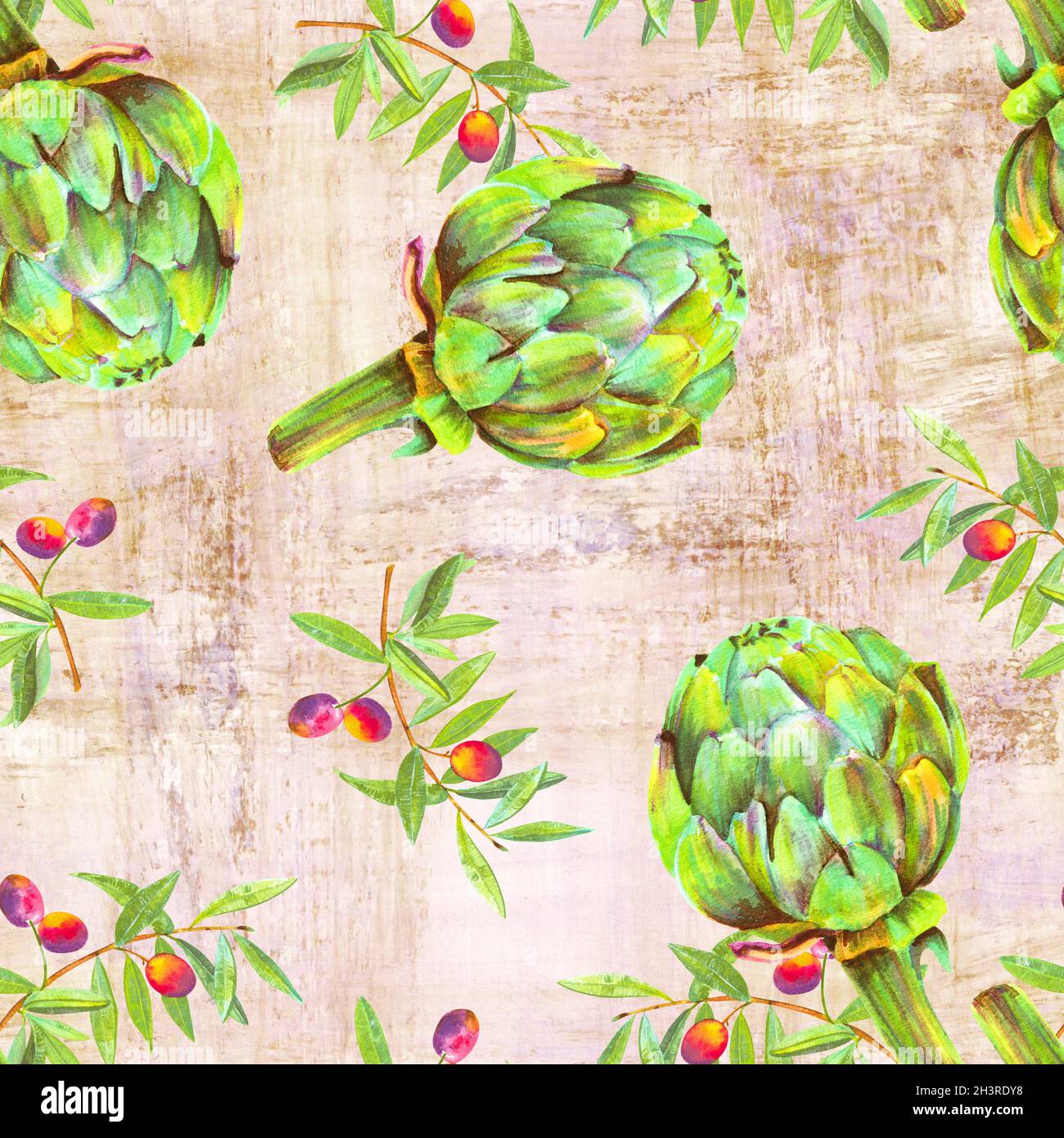 A seamless watercolor pattern of vibrant olive tree branches with ...
