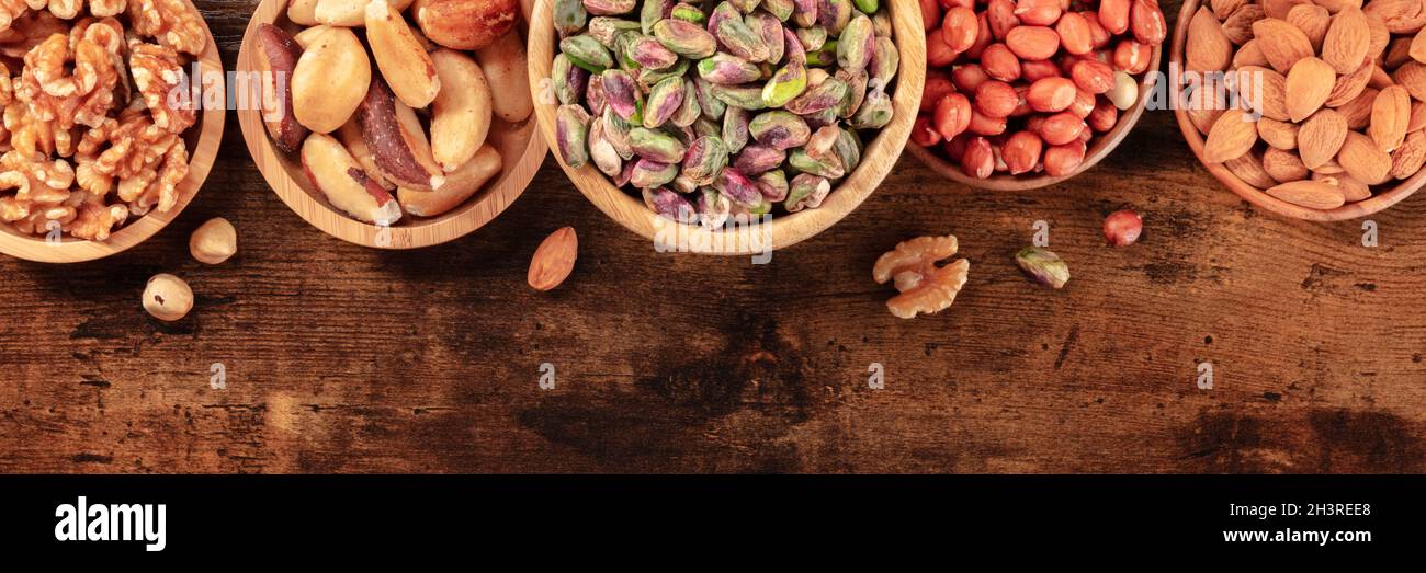 Nuts panorama, top shot with copy space Stock Photo