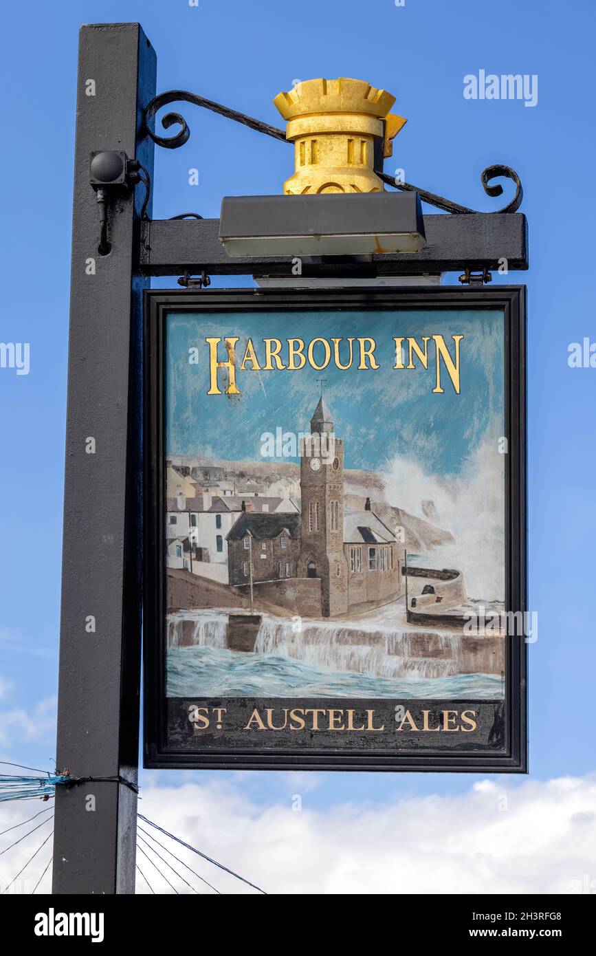 PORTHLEVEN, CORNWALL, UK - MAY 11 : View of the Harbour Inn sign in Porthleven, Cornwall on May 11, 2021 Stock Photo