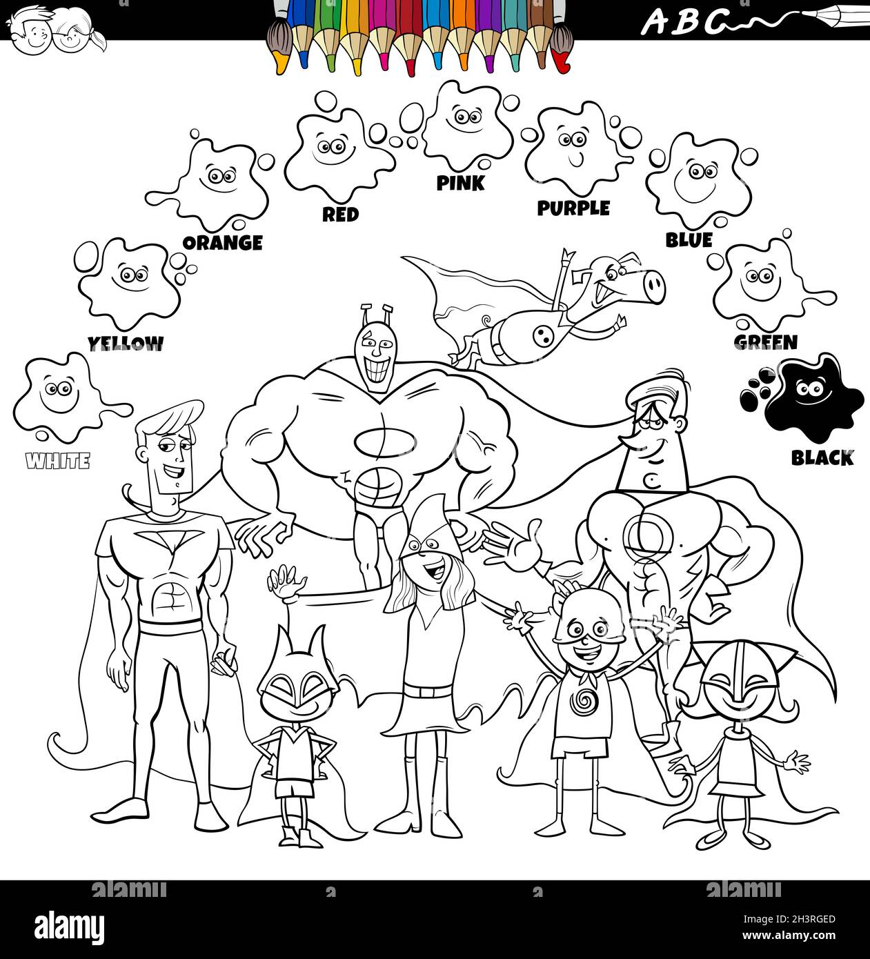 Basic colors color book with superheroes group Stock Photo - Alamy
