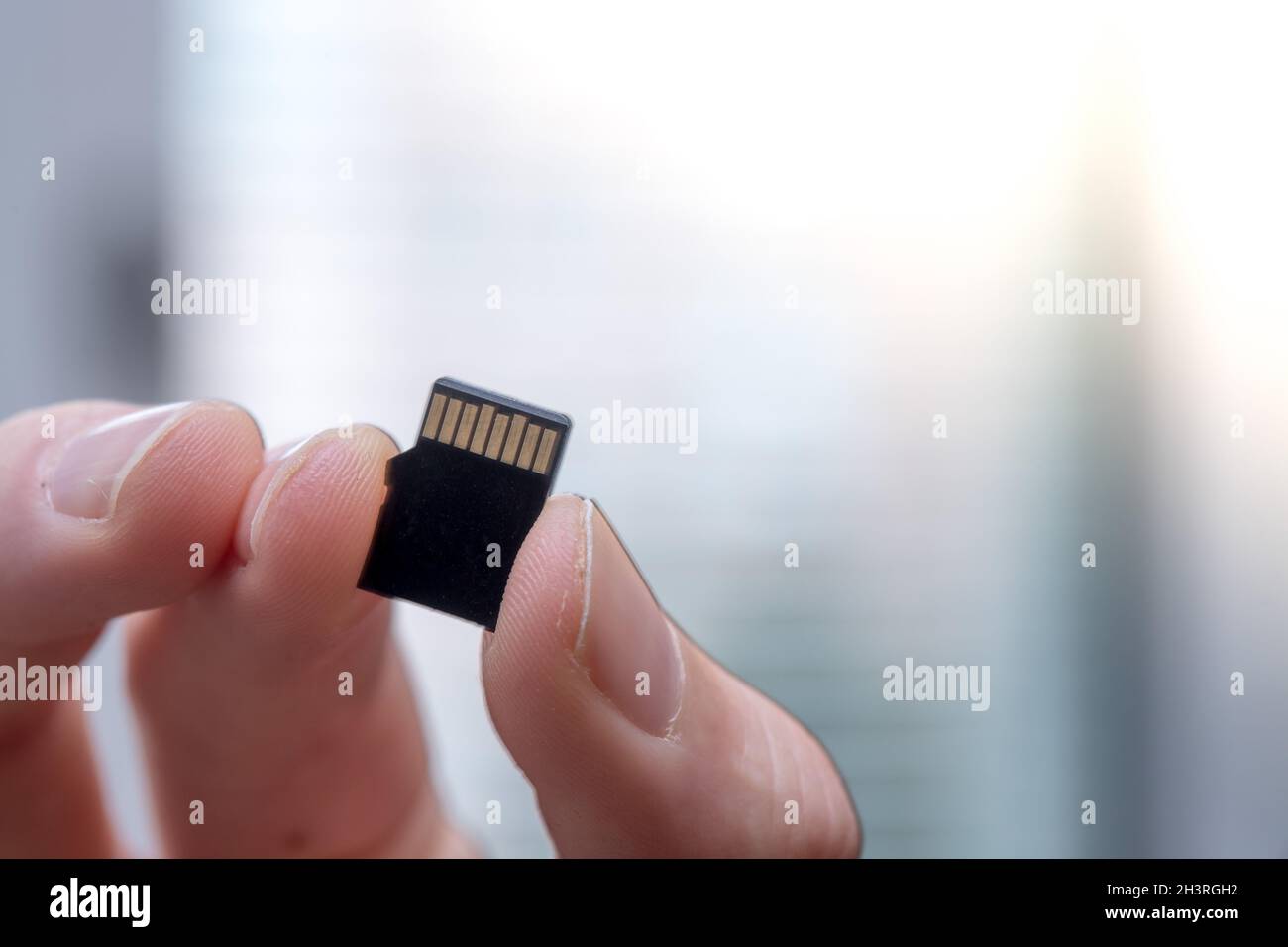 Young man is holding a tiny memory card in his hand, text space Stock ...