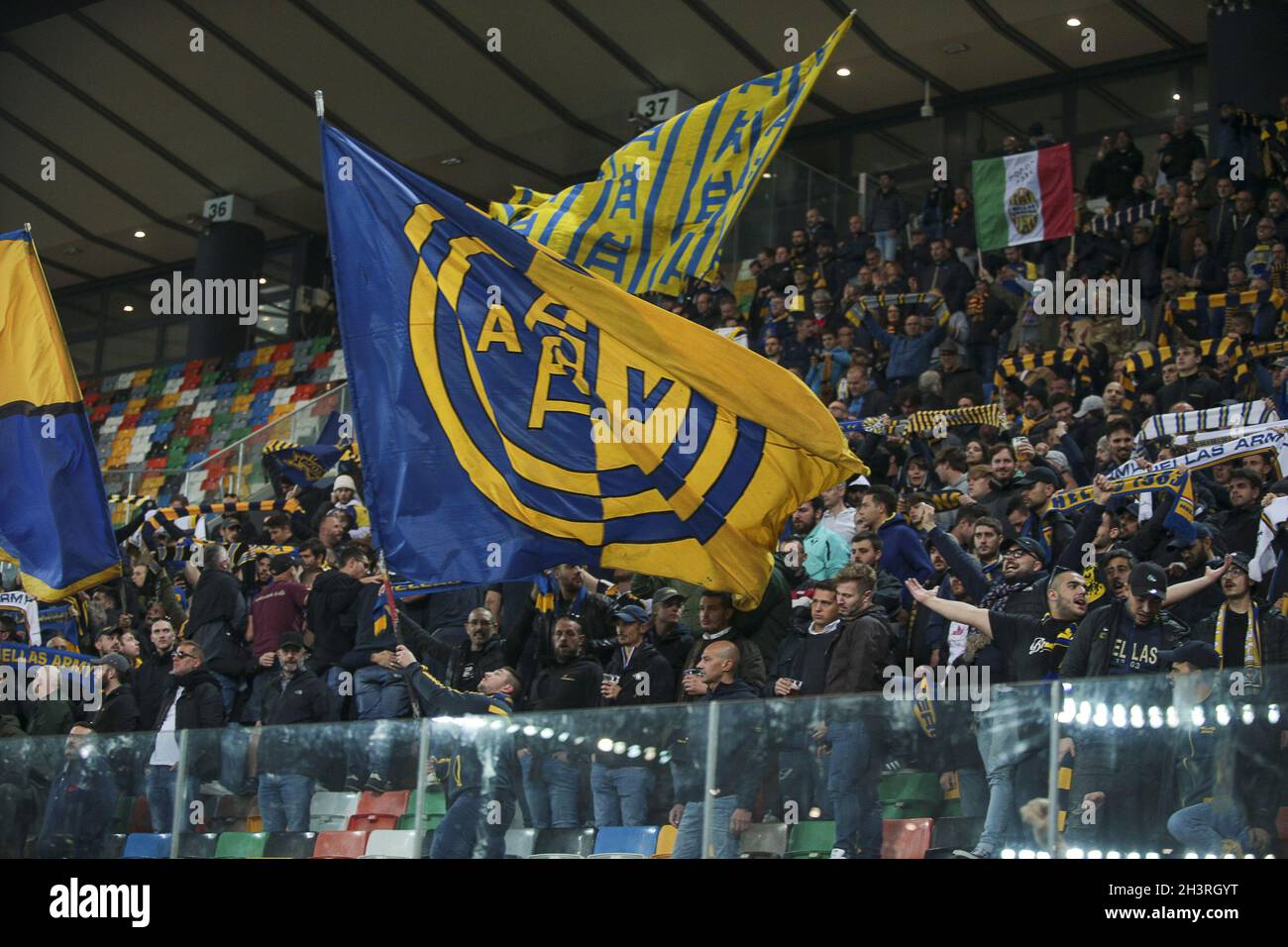 Udine, Italy. 27th Oct, 2021. Fans of Hellas Verona during Udinese Calcio vs Hellas Verona FC, italian soccer Serie A match in Udine, Italy, October 27 2021 Credit: Independent Photo Agency/Alamy Live News Stock Photo