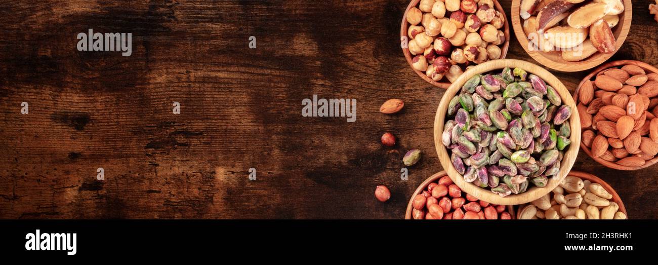 Nut panorama, overhead flat lay shot with copy space Stock Photo