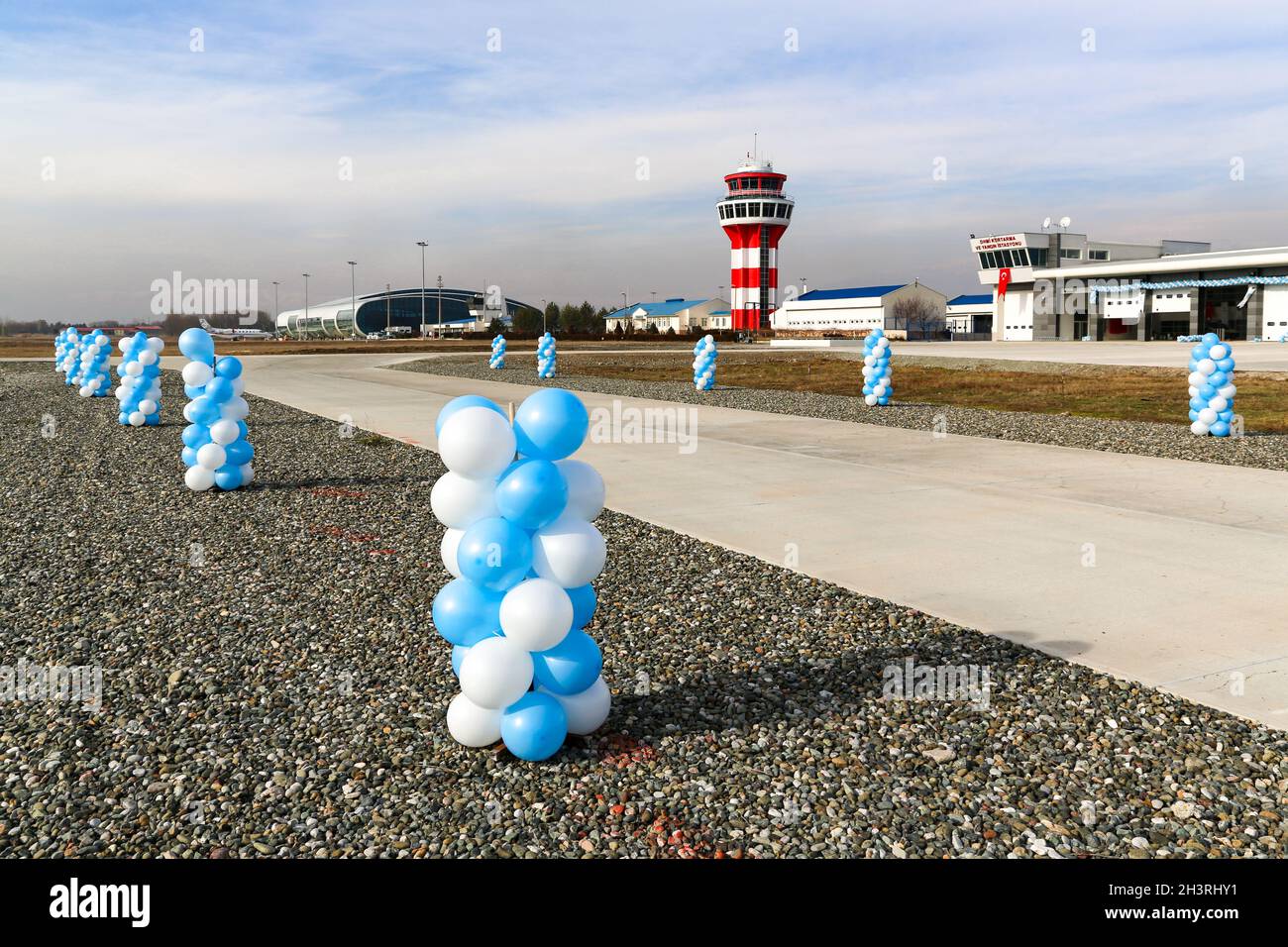 Erzincan Airport terminal building and flight control tower in eastern Turkey. Stock Photo