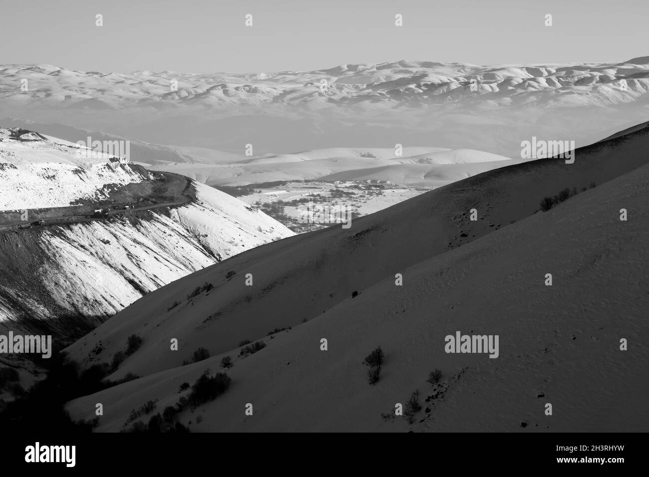 Eastern Anatolia mountain ranges. Black  White landscape. Stock Photo