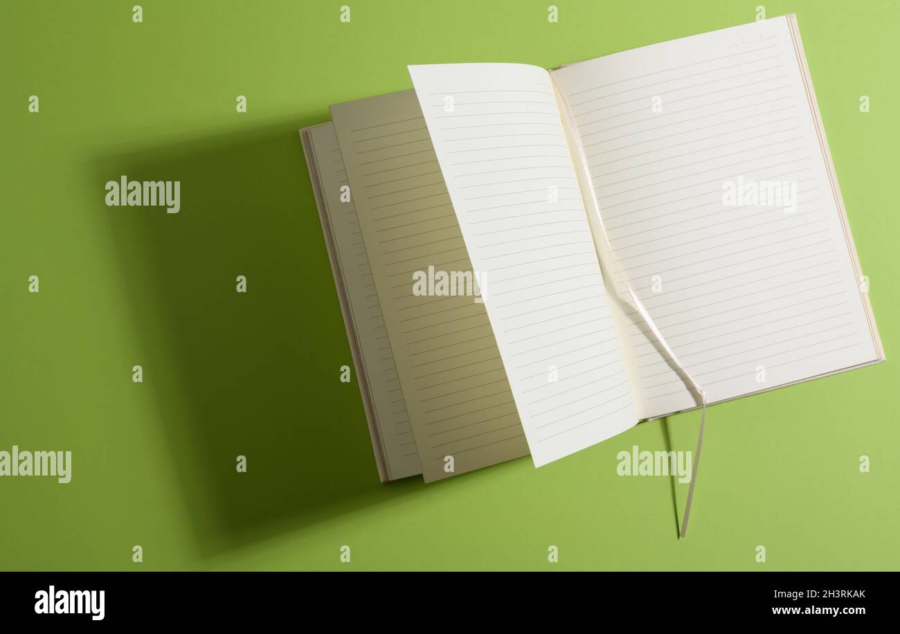 Open notebook with blank white sheets on green background Stock Photo