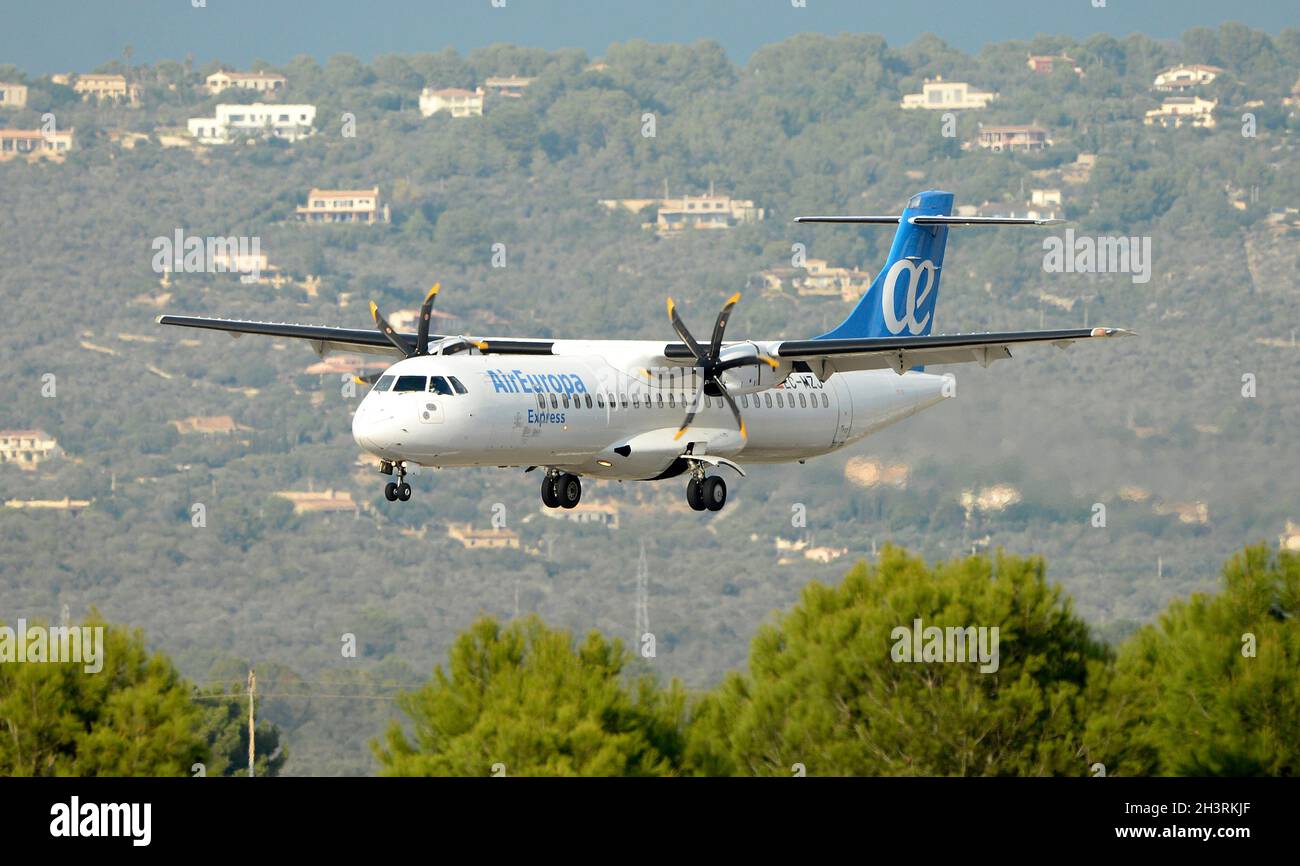 A plane ATR 72-500 of the Spanish company Air Europa, registration EC-MZJ, landing at  Palma de Mallorca airport Stock Photo