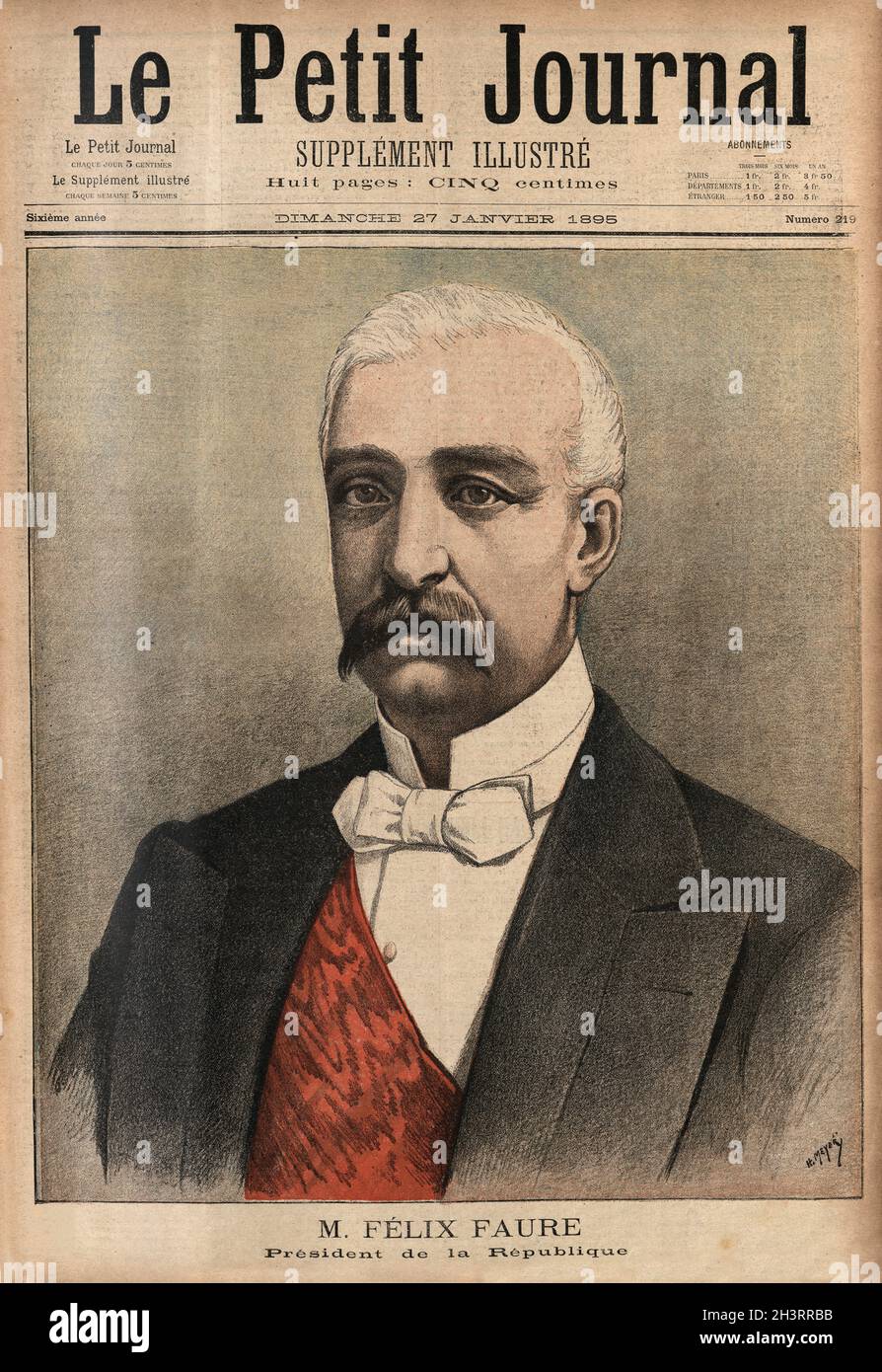 Vintage engraving of cover of Le Petit Journal, 27 Janvier 1895, with a Portrait of Felix Faure  (30 January 1841 – 16 February 1899) was President of France from 1895 until his death in 1899. Stock Photo