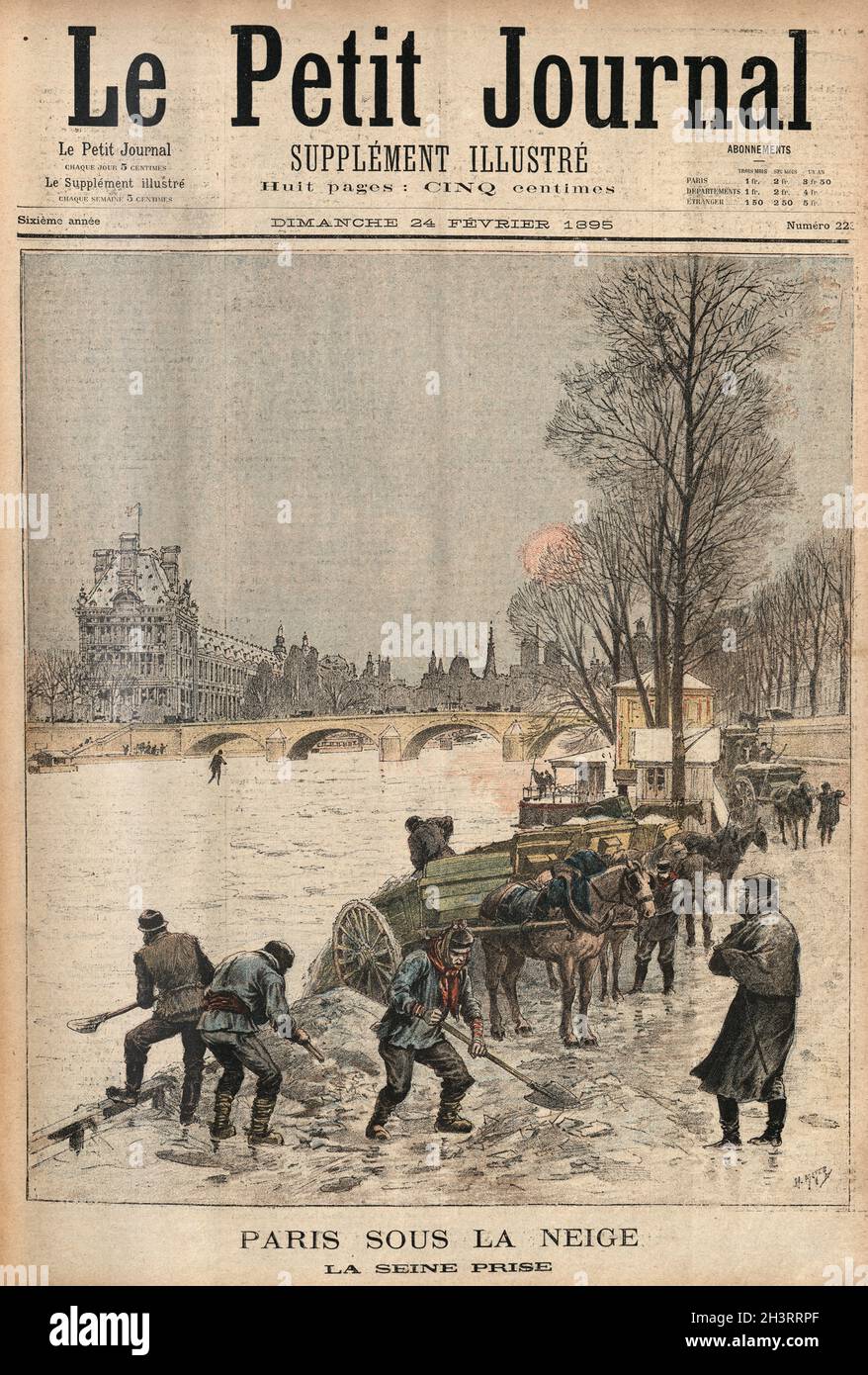 Paris under the snow and the river Seine frozen, February 1895.  Le Petit Journal Stock Photo