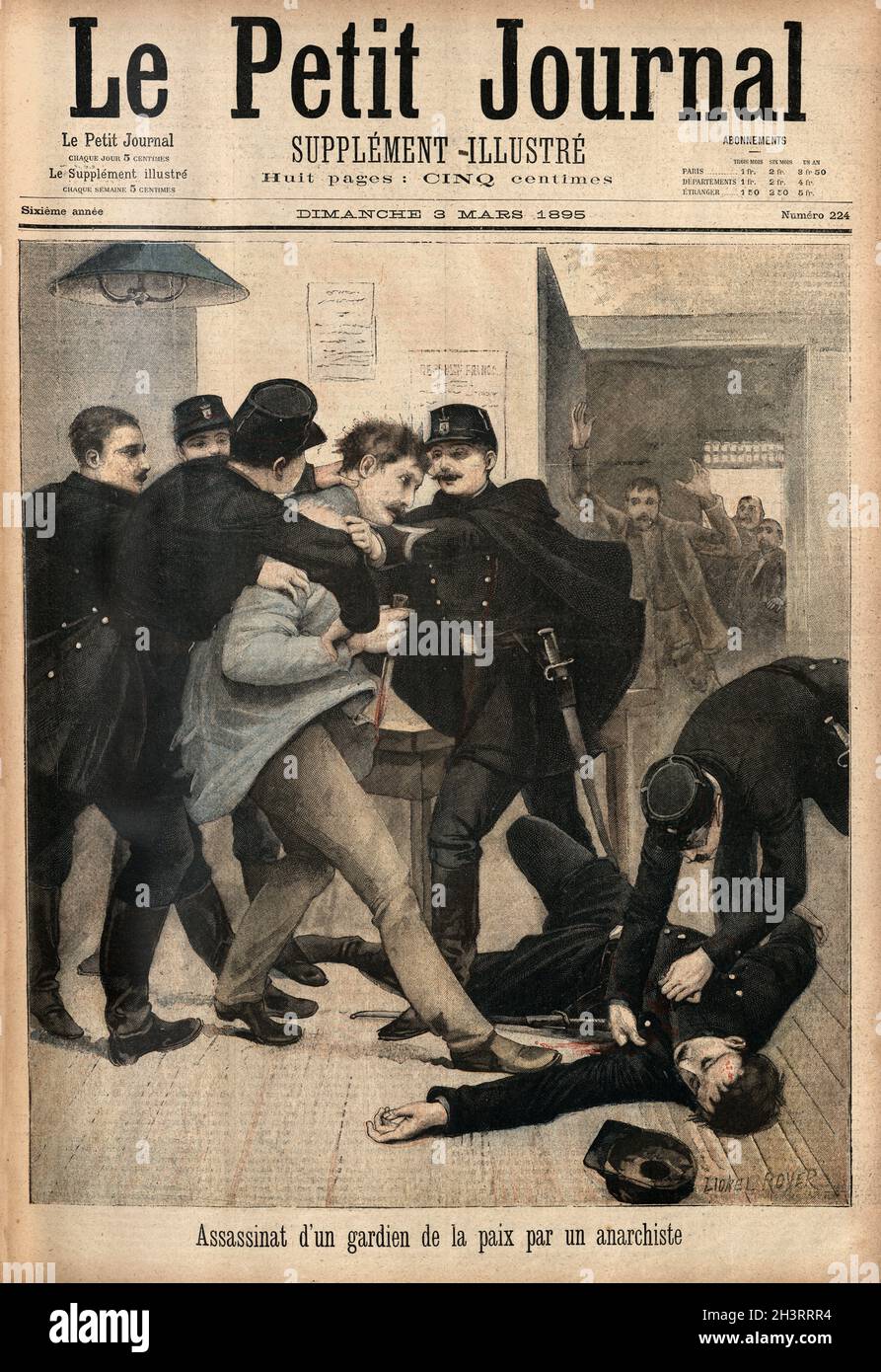 Assassinat d'un gardien de la paix par un anarchiste, Assassination of a police officer by an anarchist. Le Petit Journal, 1895 Stock Photo