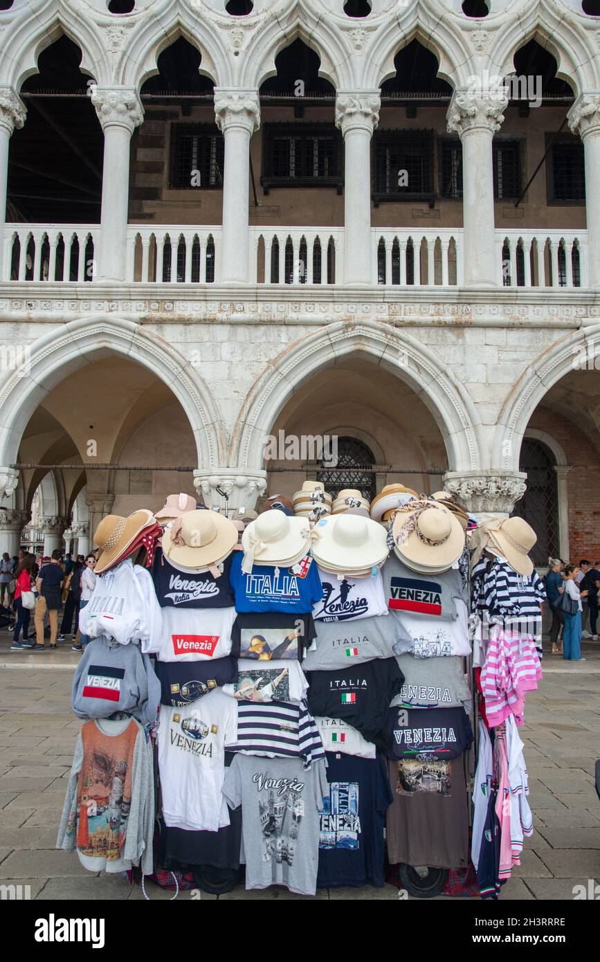 souvenir shops and Palazzo Ducale at San Marco square in Venice, Italy