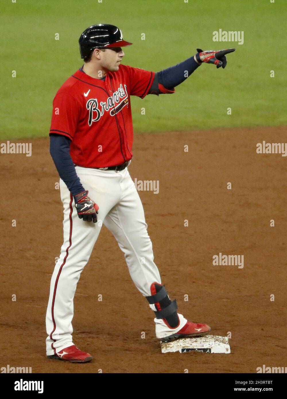 Atlanta, USA. 29th Oct, 2021. Austin Riley of the Atlanta Braves reacts  after hitting a double in the third inning of Game 3 of the World Series  against the Houston Astros on