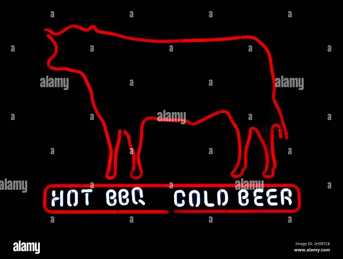 Neon Cold Beer and BBQ with Cow Photogaph Stock Photo