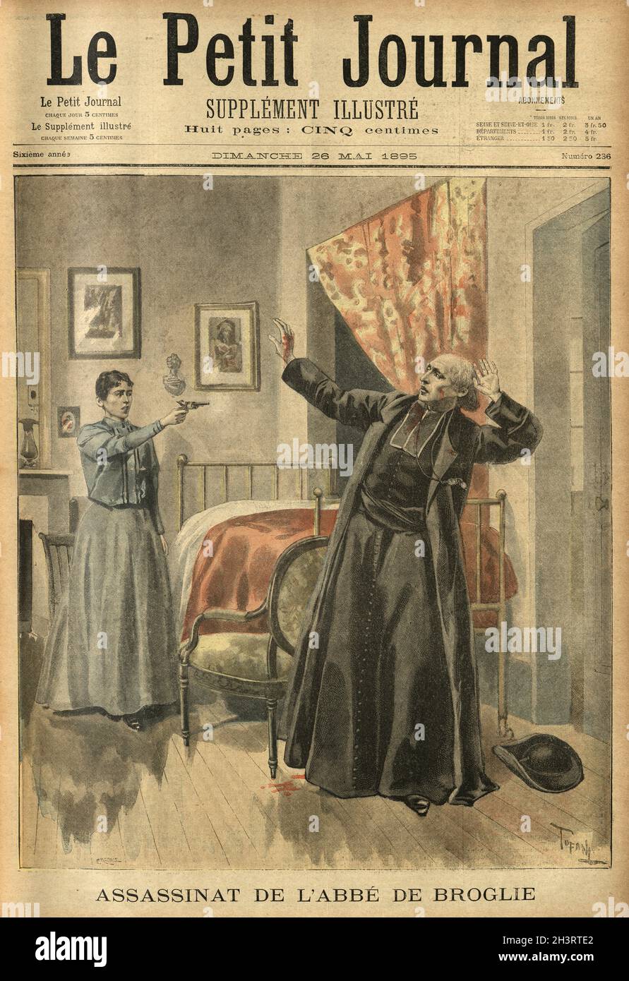 Vintage engraving of the murder of Auguste-Theodore-Paul de Broglie by Maxence Amelot one of his parishioners, who suffered from paranoia. Paris France, 1895 Stock Photo