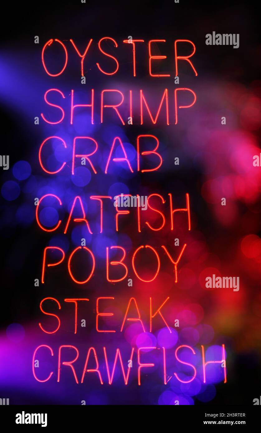Photograph Composite Neon Seafood Restaurant Signs With Bokeh Stock Photo