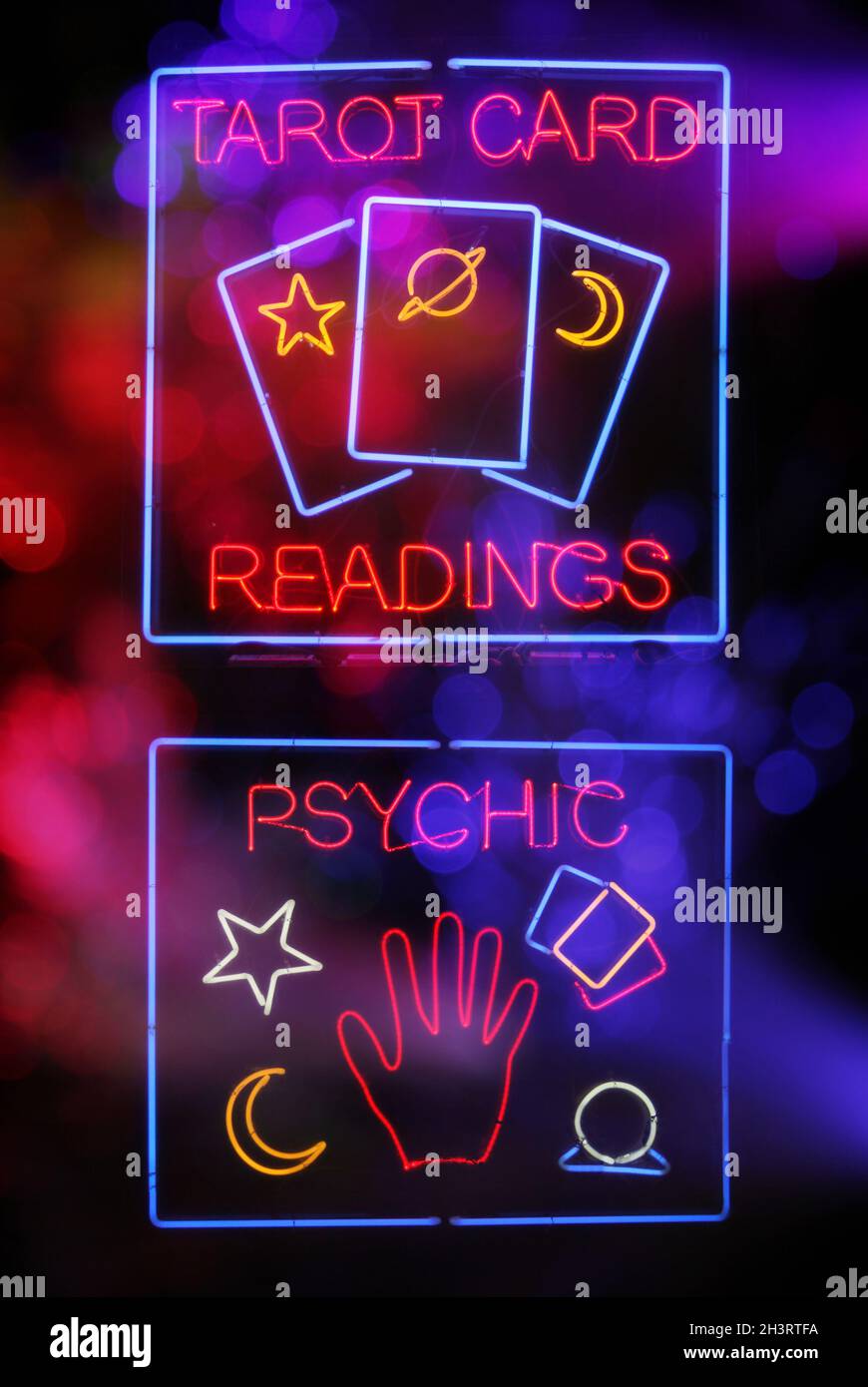 Tarot Card and Psychic Readings Neon Sign Composite Photograph Stock Photo