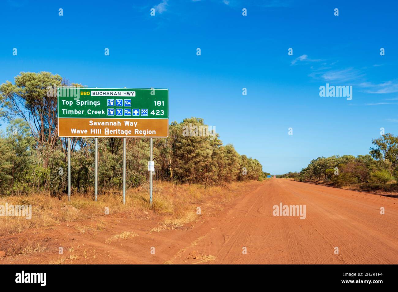 Distances road sign along the Buchanan Highway, named after the famous pioneer and pastoralist Nat Buchanan, Northern Territory, NT, Australia Stock Photo