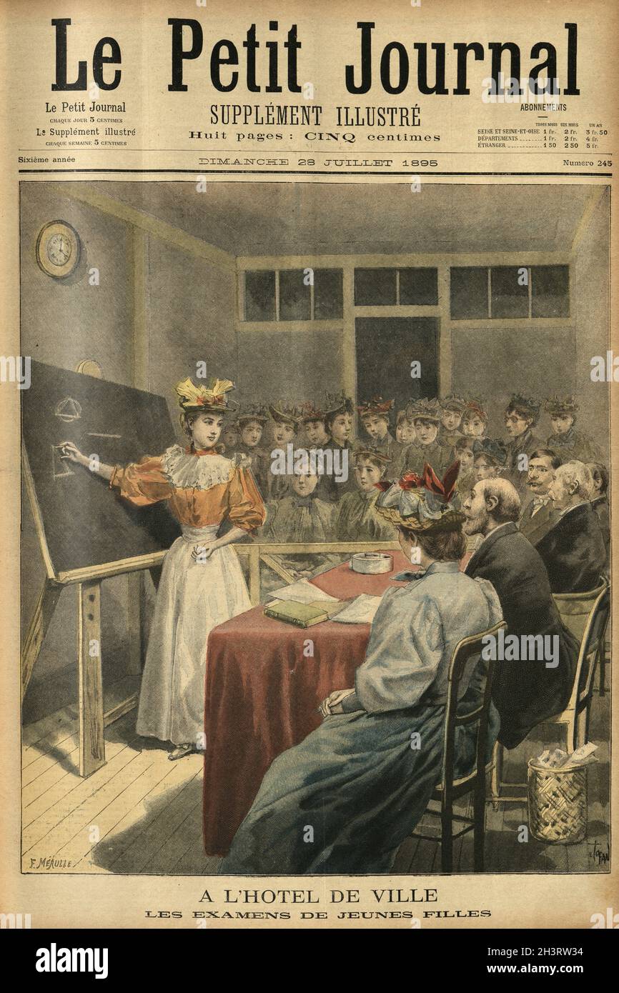 Front page of Le Petit Journal, 28 juillet 1895. a l'hotel de ville. Les examens de  jeunes filles.  Young woman taking an exam, writing answers on a blackboard Stock Photo