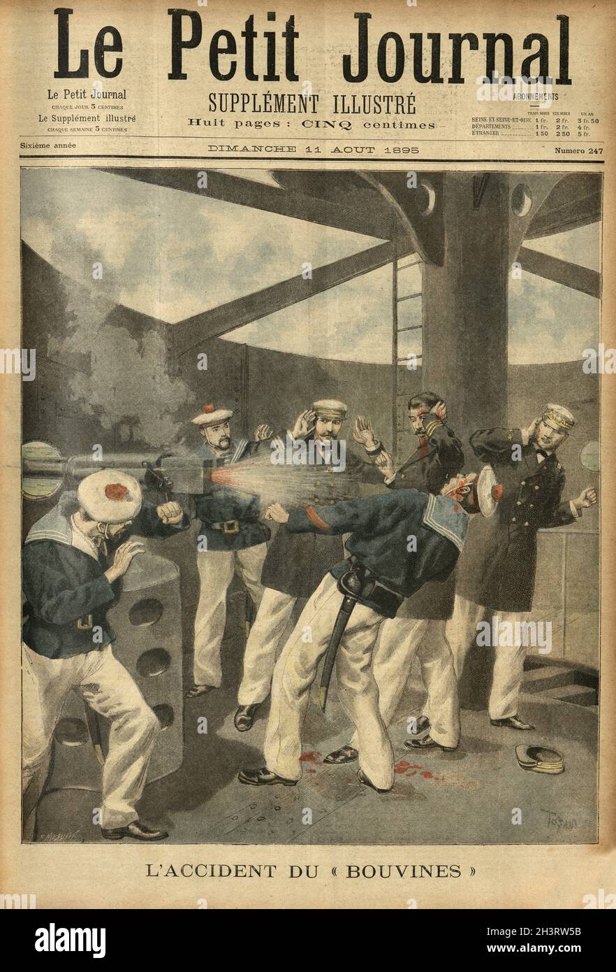 Front page of Le Petit Journal, 11 Aout 1895. l'accident du bouvines, Accident on french warship, Bouvines, Firearm malfunction, Cannon backfire Stock Photo