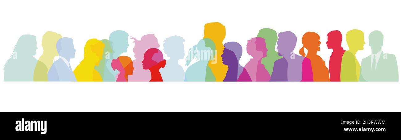 Colorful crowd, faces in profile illustration Stock Photo