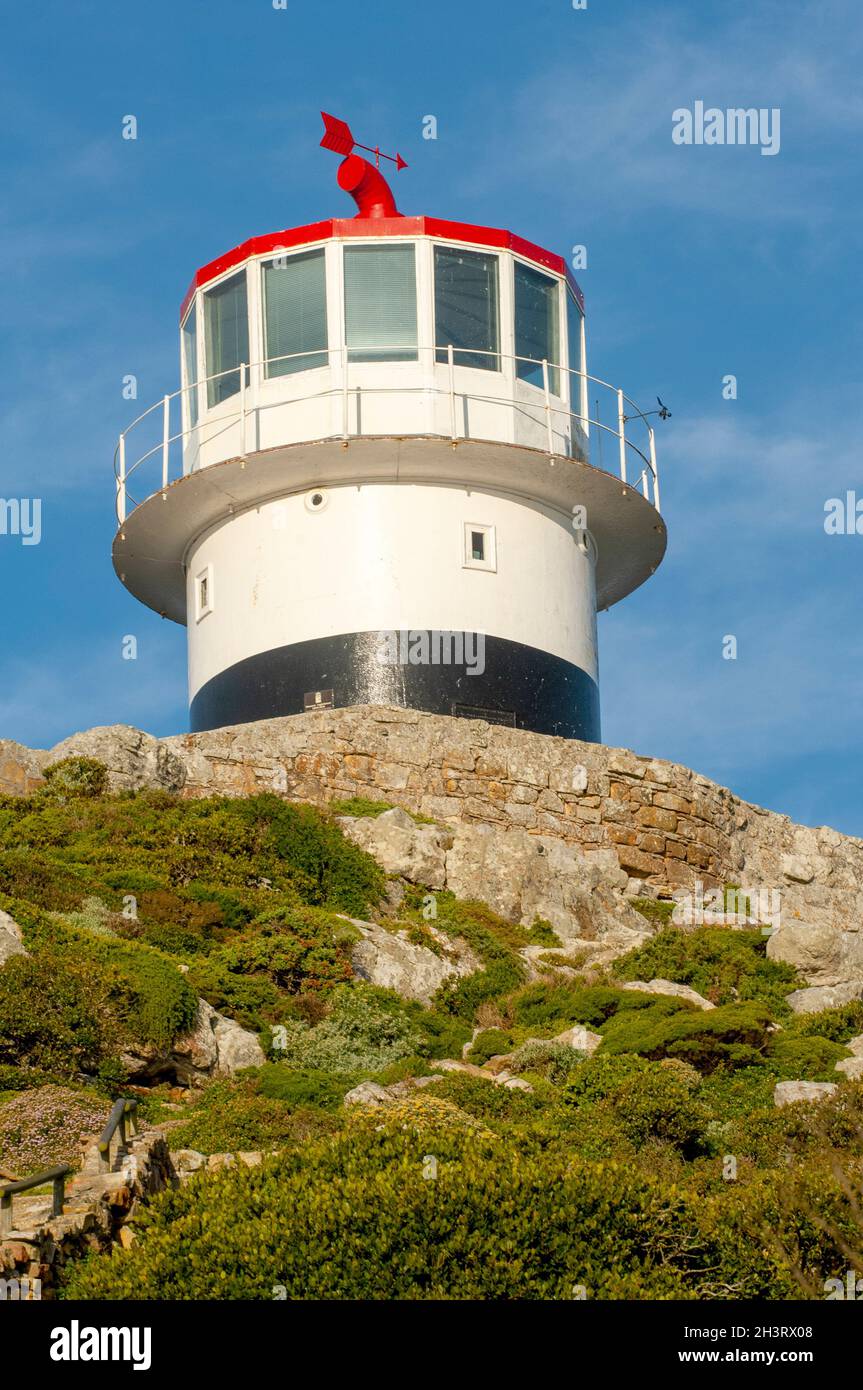 Old Lighthouse at Lookout Point, Cape Point, Cape of Good Hope, Cape Town, South Africa, Africa. Stock Photo