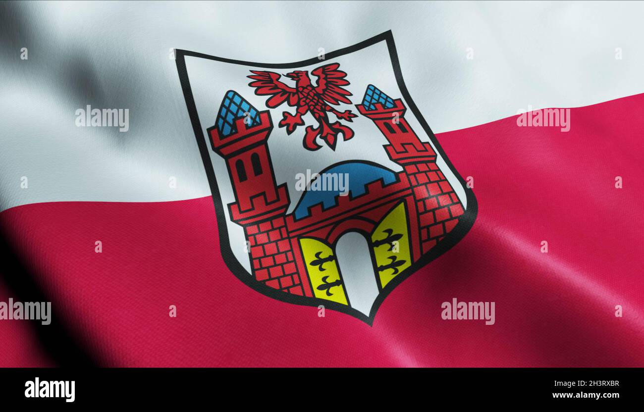 3D Illustration of a waving Poland city flag of Trzcinsko Zdroj Stock Photo