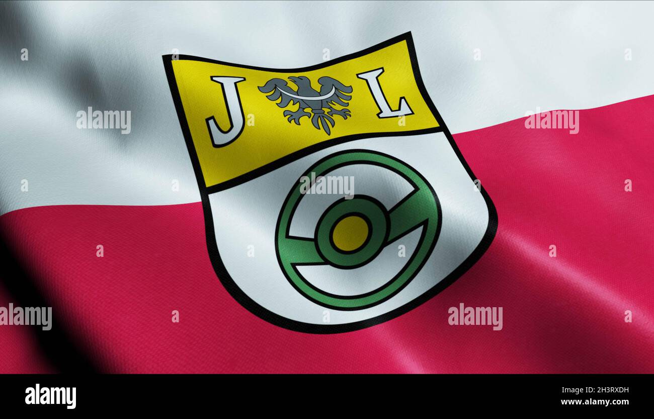 3D Illustration of a waving Poland city flag of Jelcz Laskowice Stock Photo