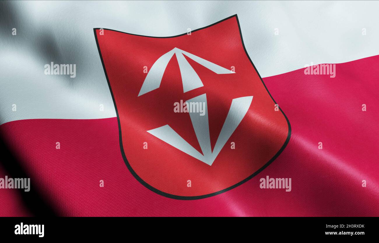 3D Illustration of a waving Poland city flag of Grodzisk Mazowiecki Stock Photo