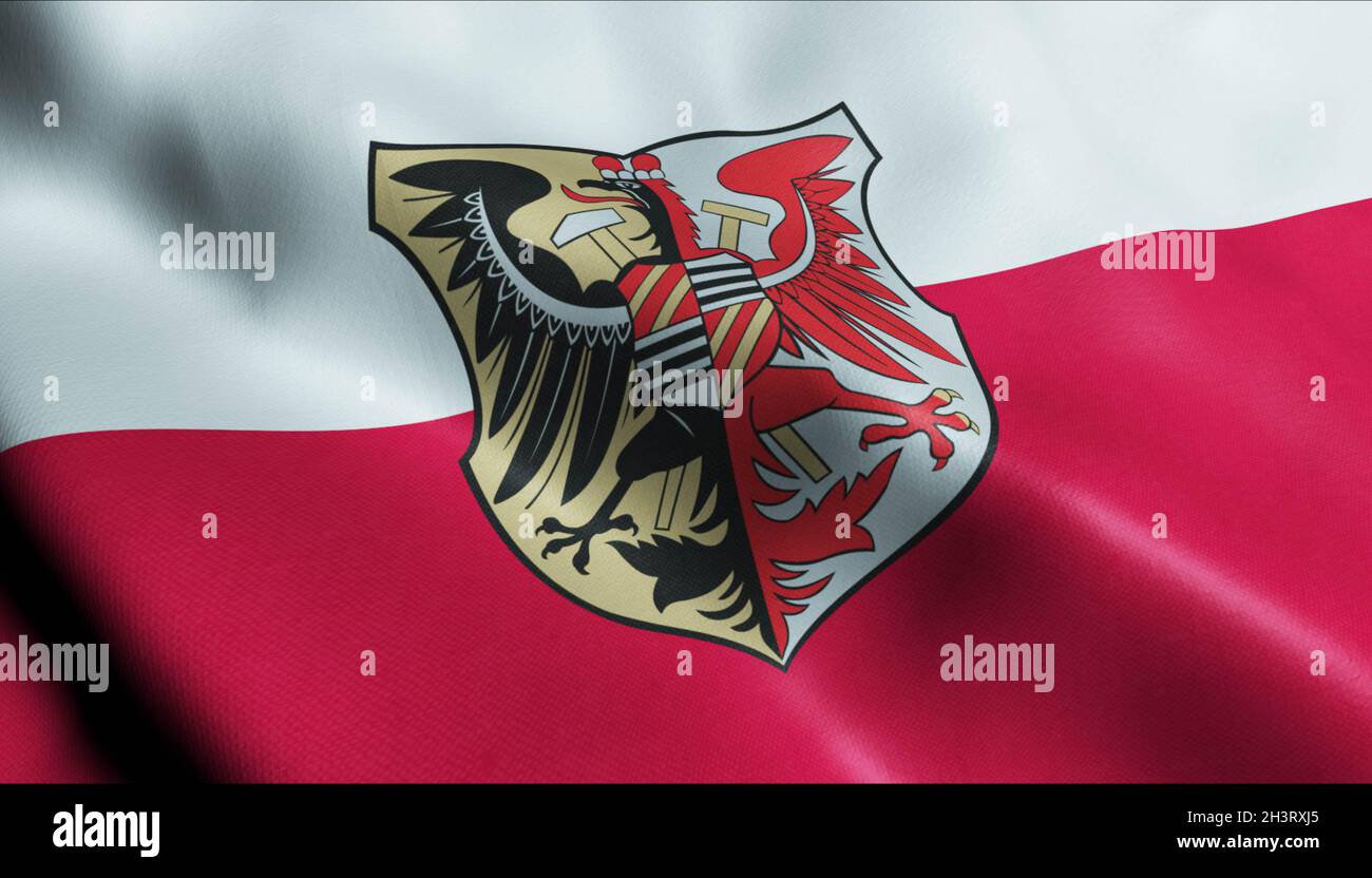 3D Illustration of a waving Poland city flag of Zloty Stok Stock Photo