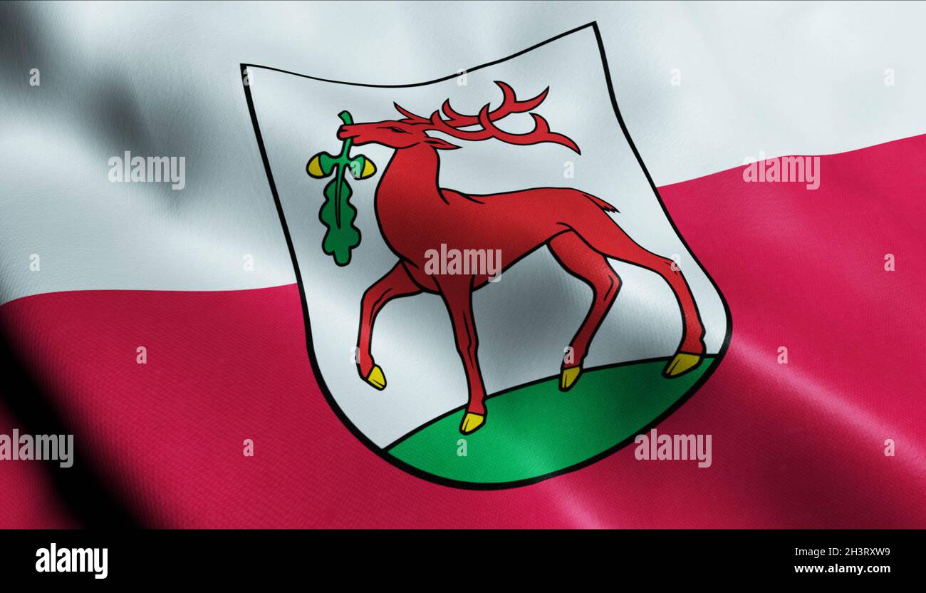 3D Illustration of a waving Poland city flag of Dobre Miasto Stock Photo