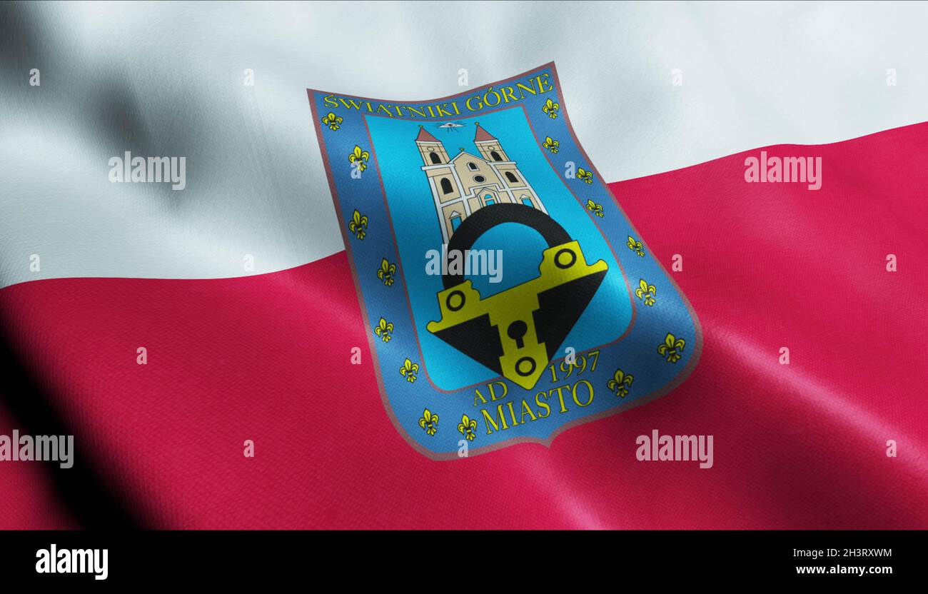 3D Illustration of a waving Poland city flag of Swiatniki Gorne Stock Photo
