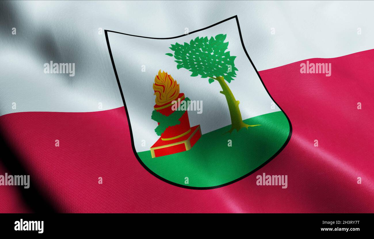 3D Illustration of a waving Poland city flag of Biała Piska Stock Photo