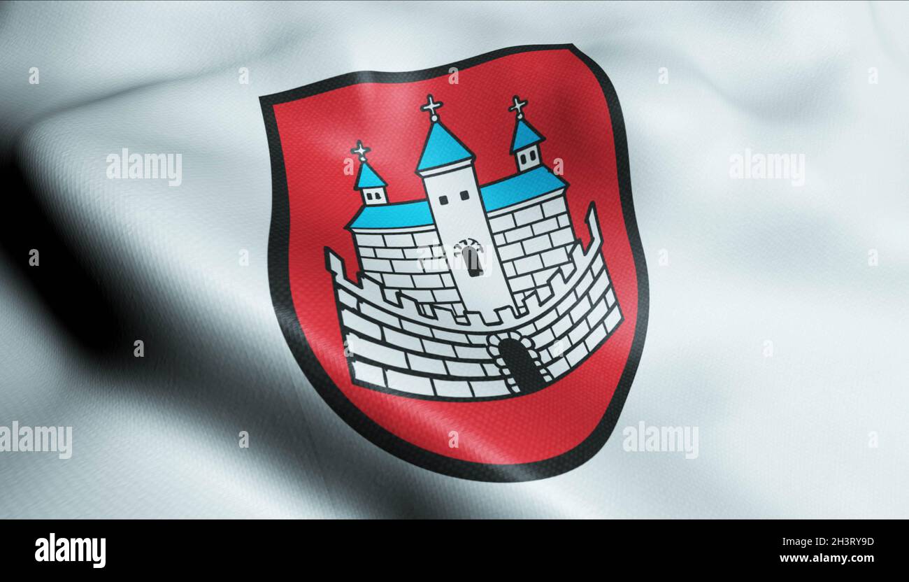 3D Illustration of a waving Poland city flag of Nowogrod Bobrzanski Stock Photo