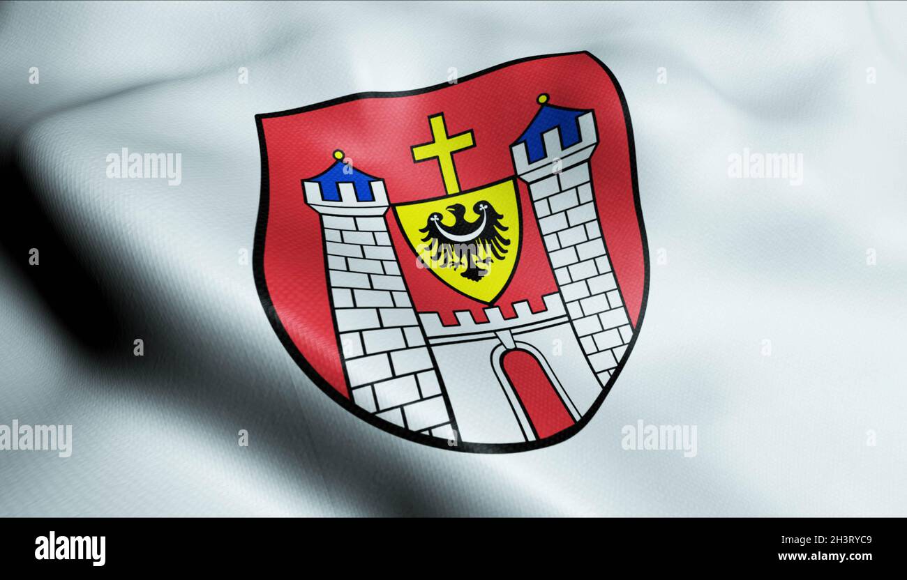 3D Illustration of a waving Poland city flag of Nowe Miasteczko Stock Photo