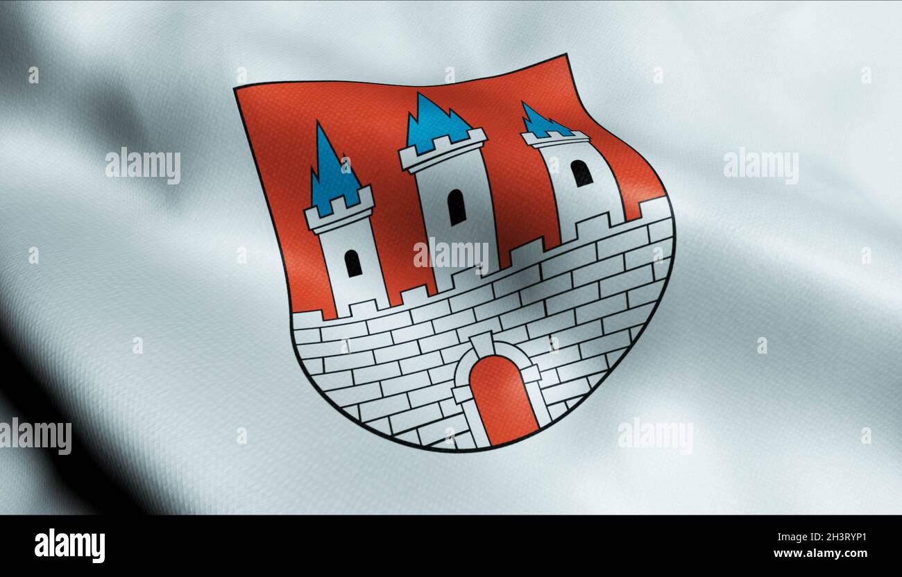 3D Illustration of a waving Poland city flag of Rawa Mazowiecka Stock Photo