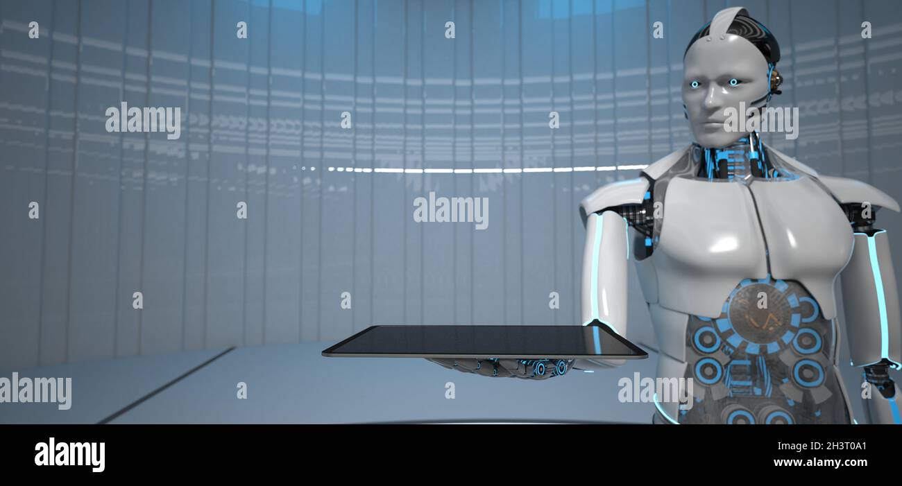 Humanoid Robot Tablet PC Stock Photo