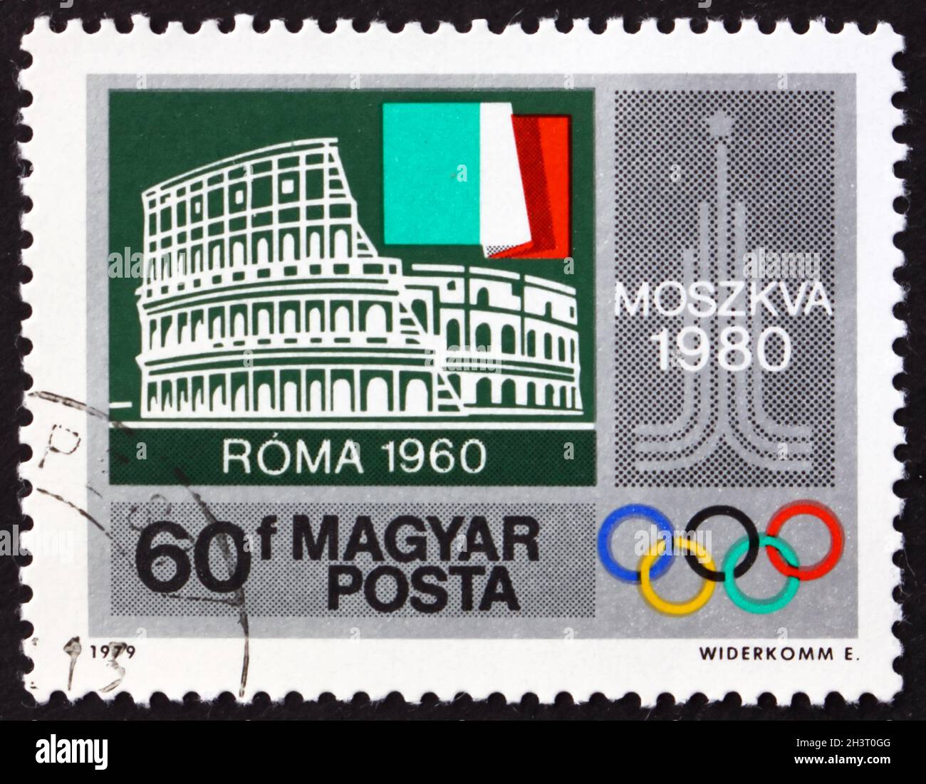 HUNGARY - CIRCA 1979: a stamp printed in Hungary shows Colosseum in Rome and Italian Flag, Emblem, Pre-Olympic Year, circa 1979 Stock Photo