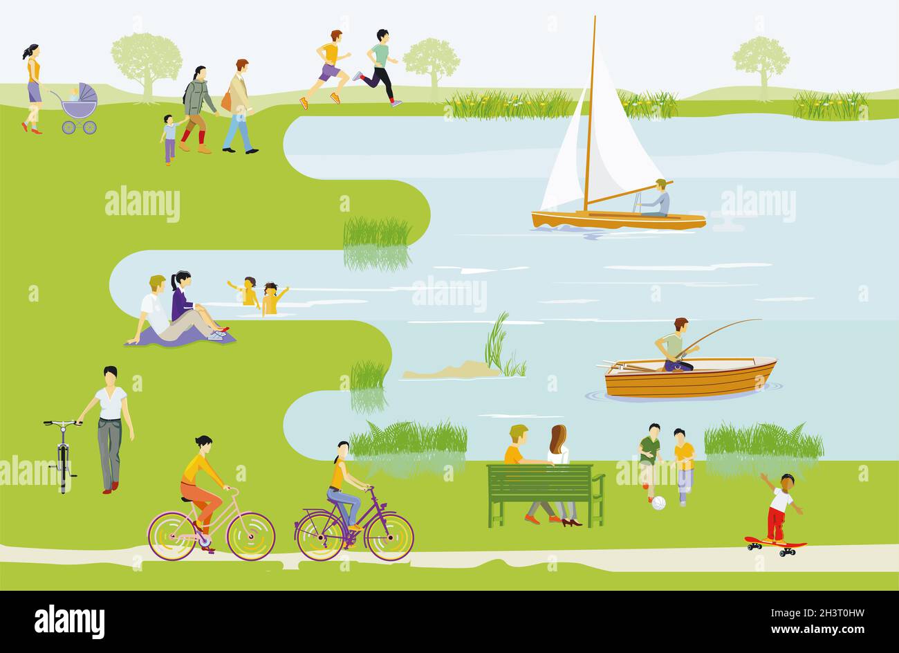Leisure and recreation at the lake illustration Stock Photo