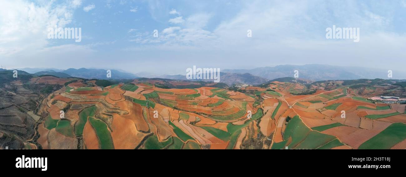 Panoramic view of the yunnan red land landscape Stock Photo