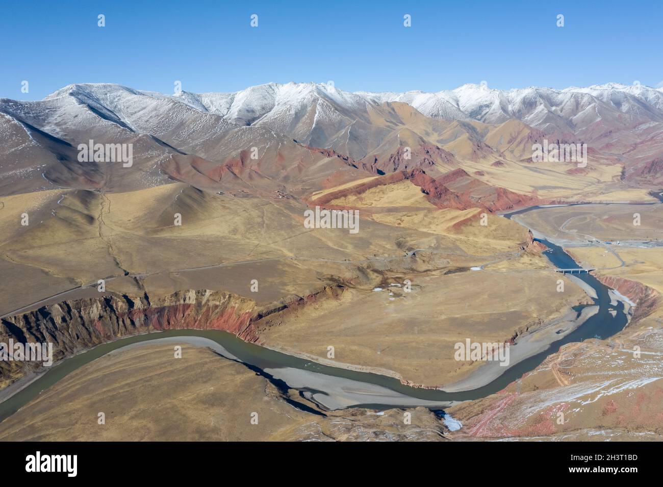 Aerial view of the nujiang river with tanggula mountains Stock Photo